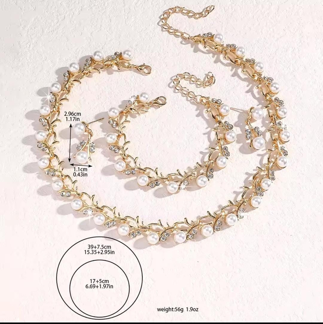 Luxury Pearl & Gold Branch Jewelry Set – Necklace, Bracelet & Earrings