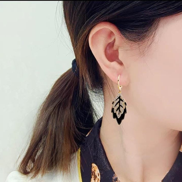 Black & Gold Leaf Drop Earrings-Crystal Accent Design