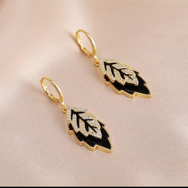 Black & Gold Leaf Drop Earrings-Crystal Accent Design