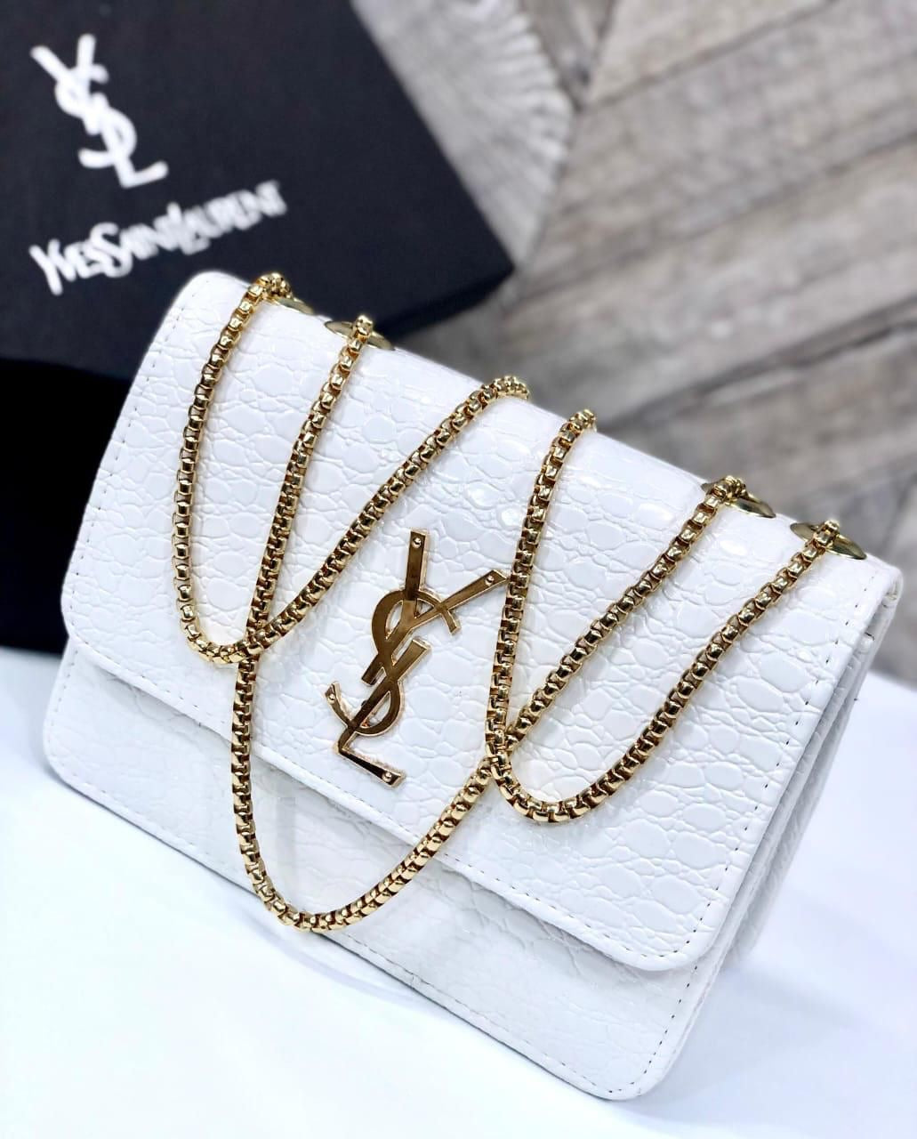 YSL Croc-Embossed Leather Shoulder Bag – Gold Chain