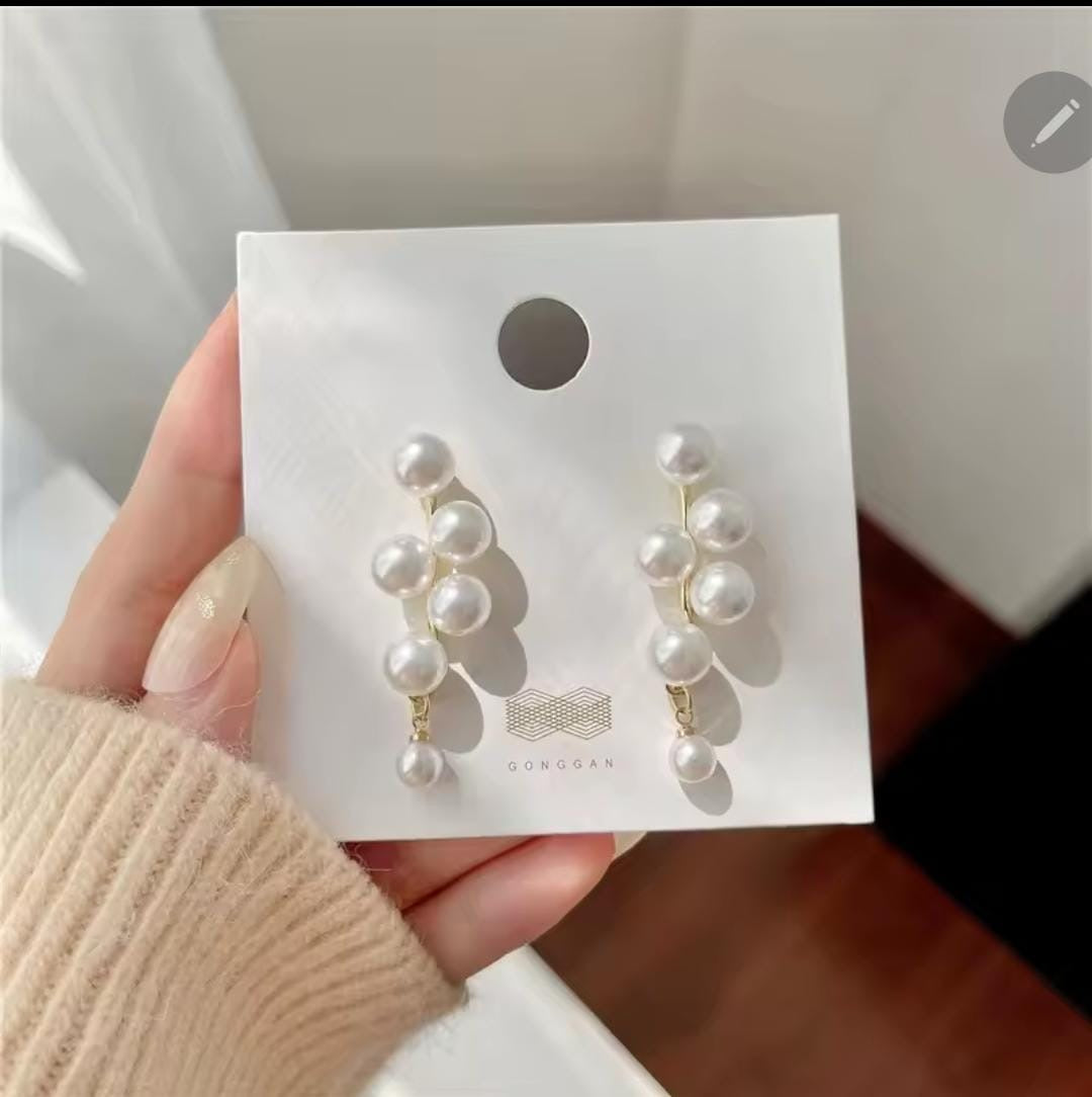 Elegant Pearl Cluster Drop Earrings-Gold Accents