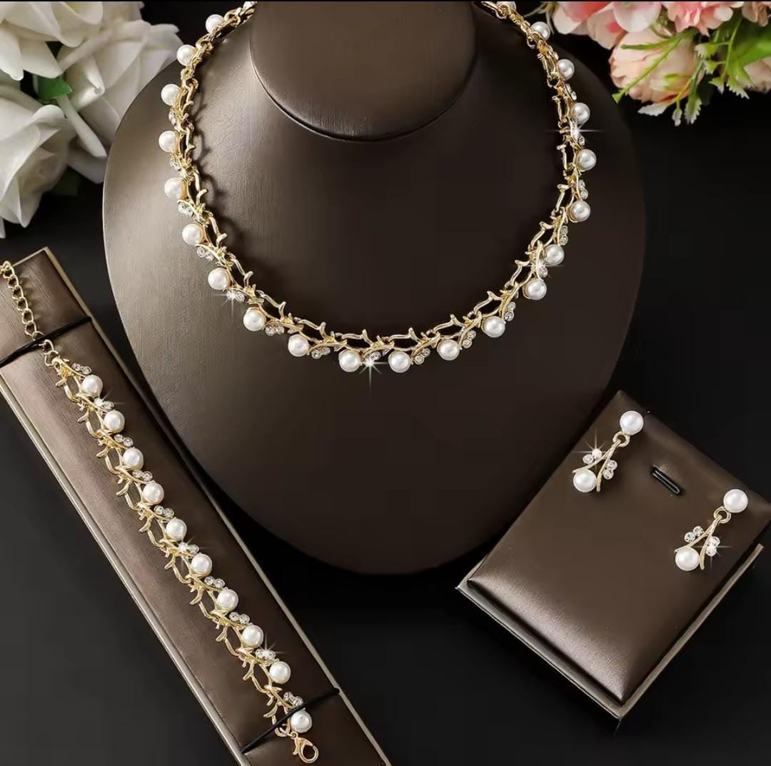 Luxury Pearl & Gold Branch Jewelry Set – Necklace, Bracelet & Earrings