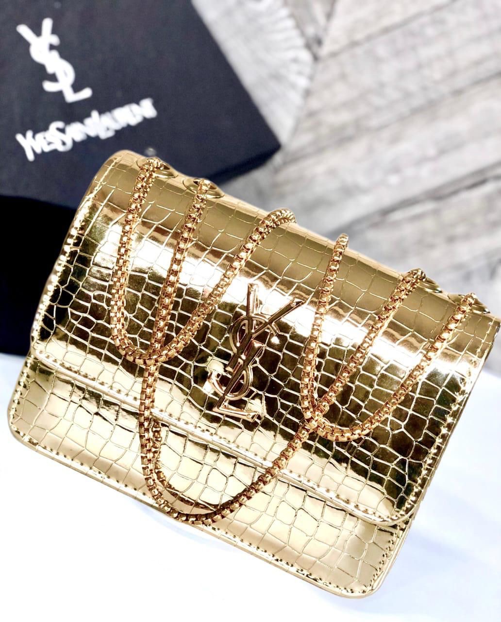 YSL Croc-Embossed Leather Shoulder Bag – Gold Chain