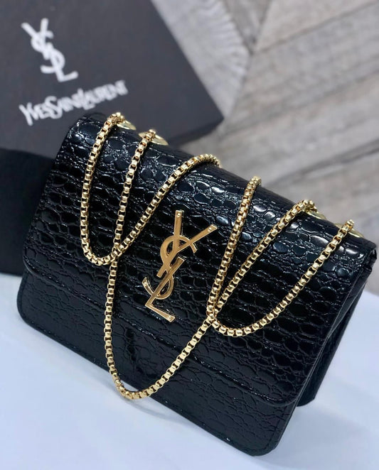 YSL Croc-Embossed Leather Shoulder Bag – Gold Chain