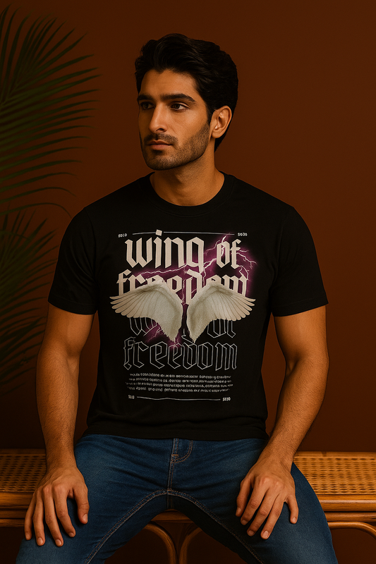 Wing of Freedom” Graphic Tee – Bold Lightning Angel Wings Print (2025 Edition)