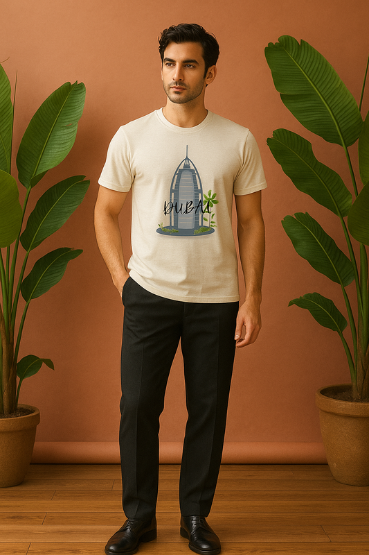 Dubai Landmark Graphic Tee – Cream Cotton T-Shirt for Men