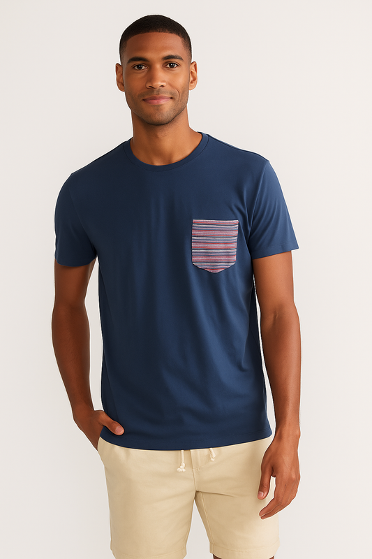 Premium Navy Blue T-Shirt with Striped Chest Pocket