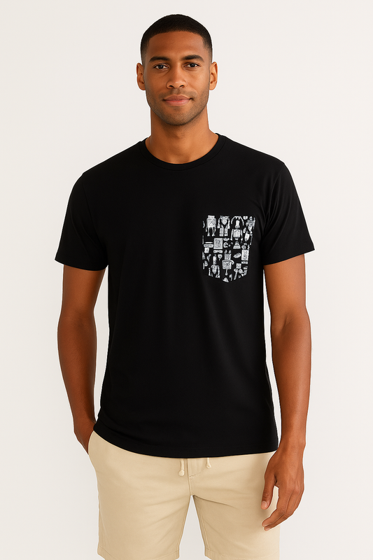Black T-Shirt with Quirky Robot Pocket Print